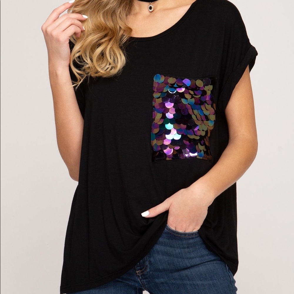 Sequin Pocket Tee- Black